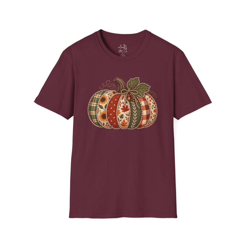 Fall Patchwork Pumpkin T-Shirt — Plaid & Floral Autumn Tee