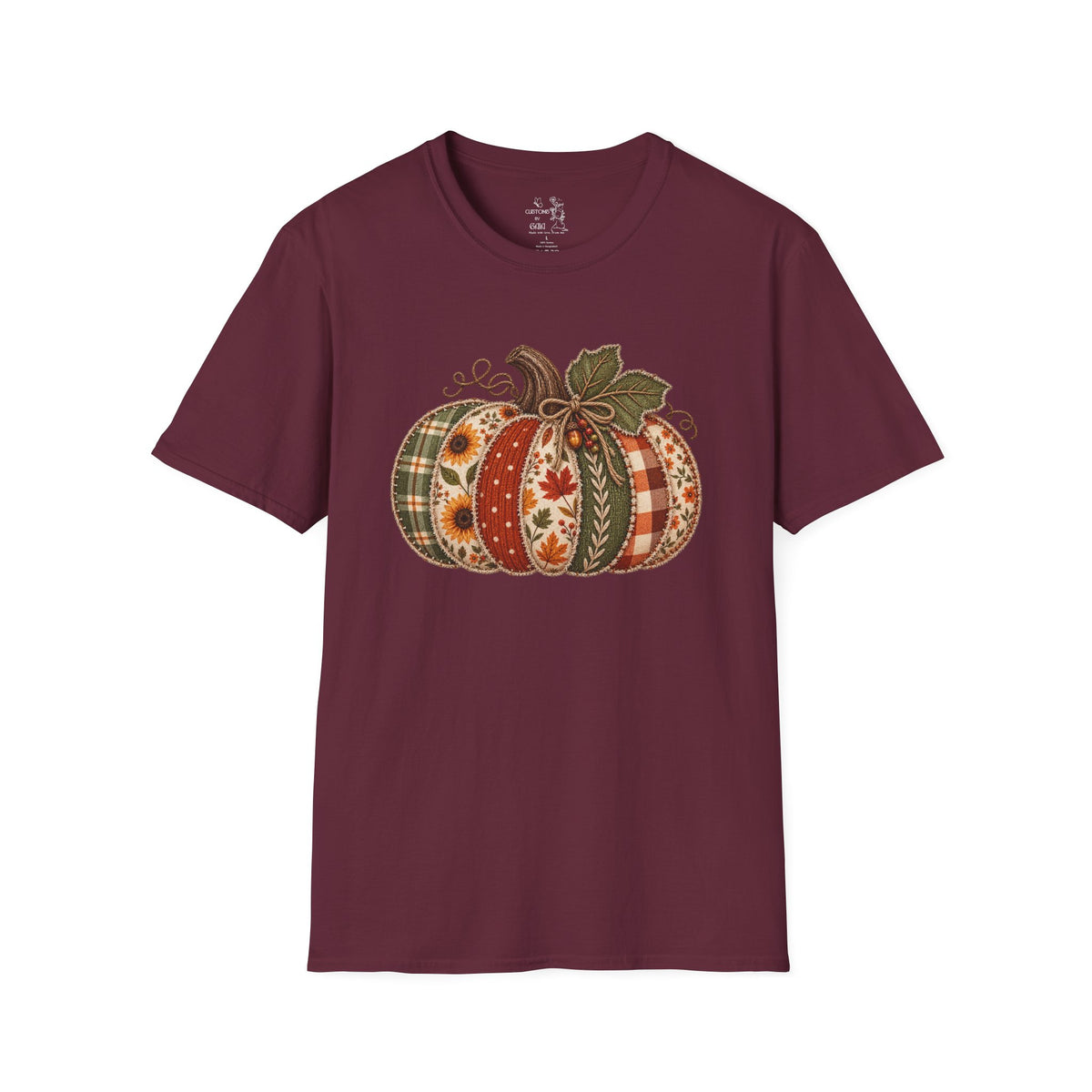 Fall Patchwork Pumpkin T-Shirt — Plaid & Floral Autumn Tee