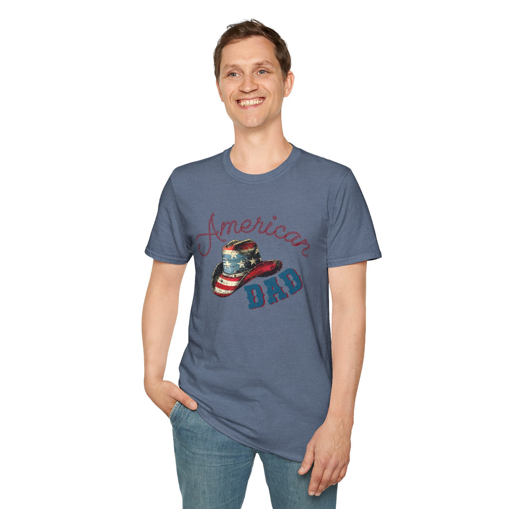 Patriotic “American Dad” Tee — Vintage Flag Cowboy Hat Dad T-Shirt