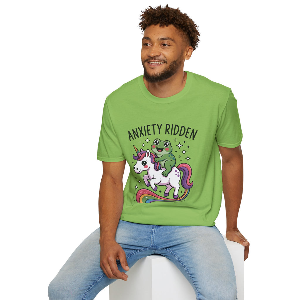 Anxiety Ridden Frog on Unicorn T-Shirt — Cute Mental Health Awareness Graphic Tee