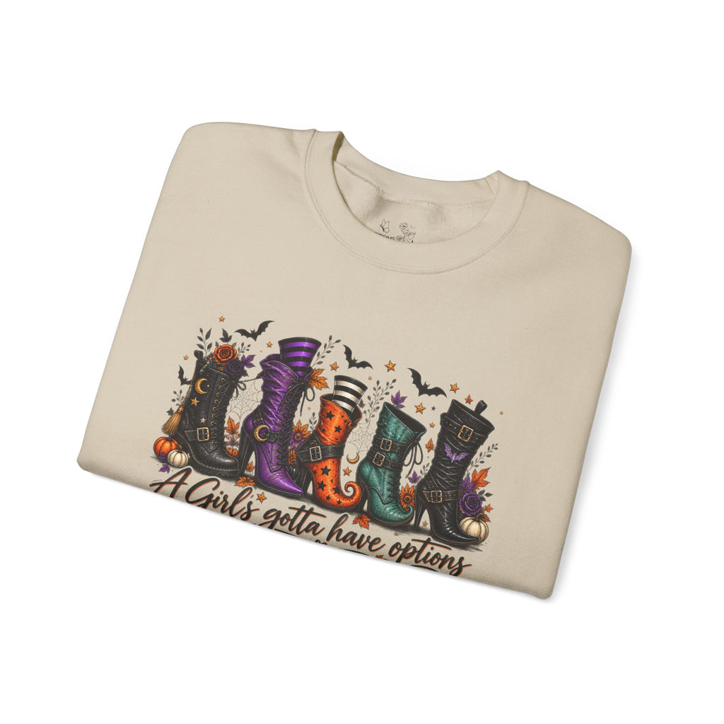 Witch Boots Crewneck Sweatshirt — "A Girl's Gotta Have Options" Halloween Pullover