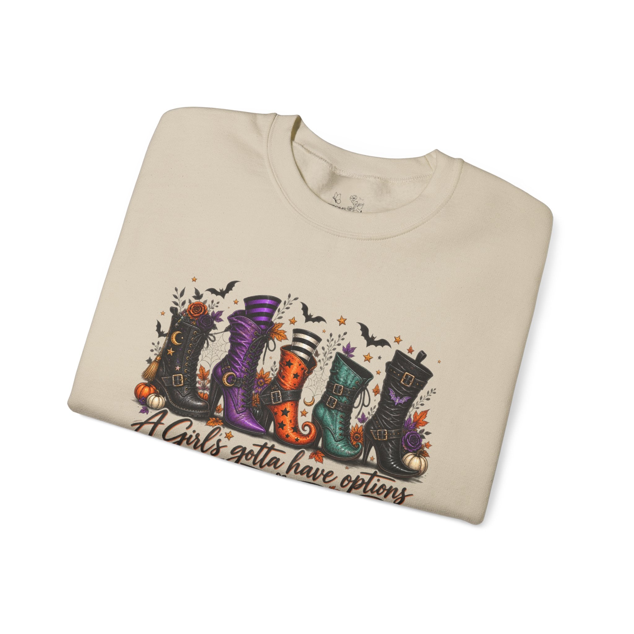 Witch Boots Crewneck Sweatshirt — "A Girl's Gotta Have Options" Halloween Pullover