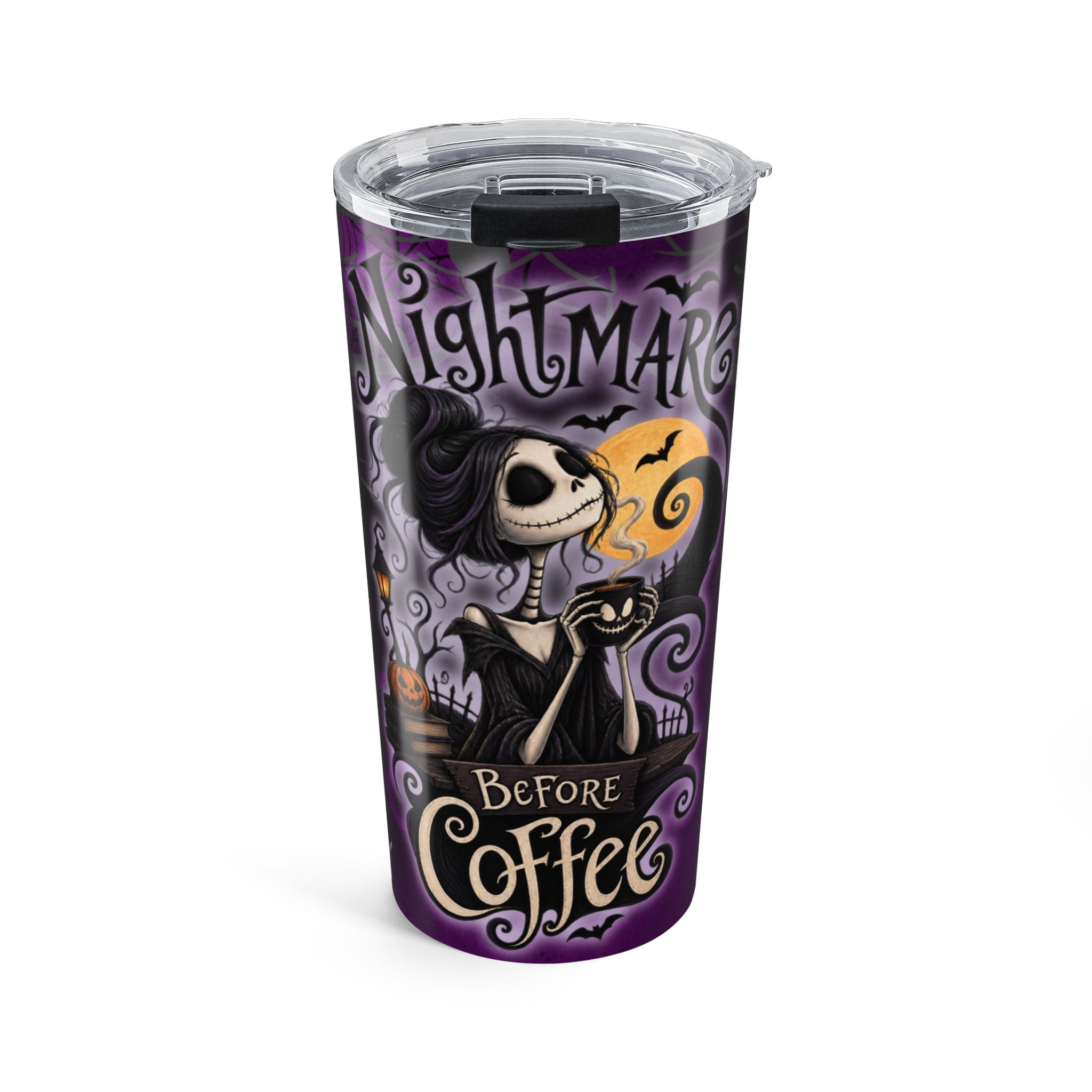 20oz Tumbler — "Nightmare Before Coffee" Halloween Skull Travel Mug
