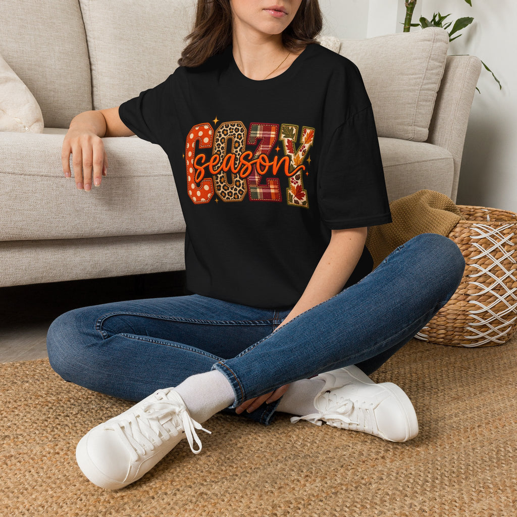 Cozy Season T-Shirt — Fall Plaid, Leopard & Pumpkin Pattern Tee