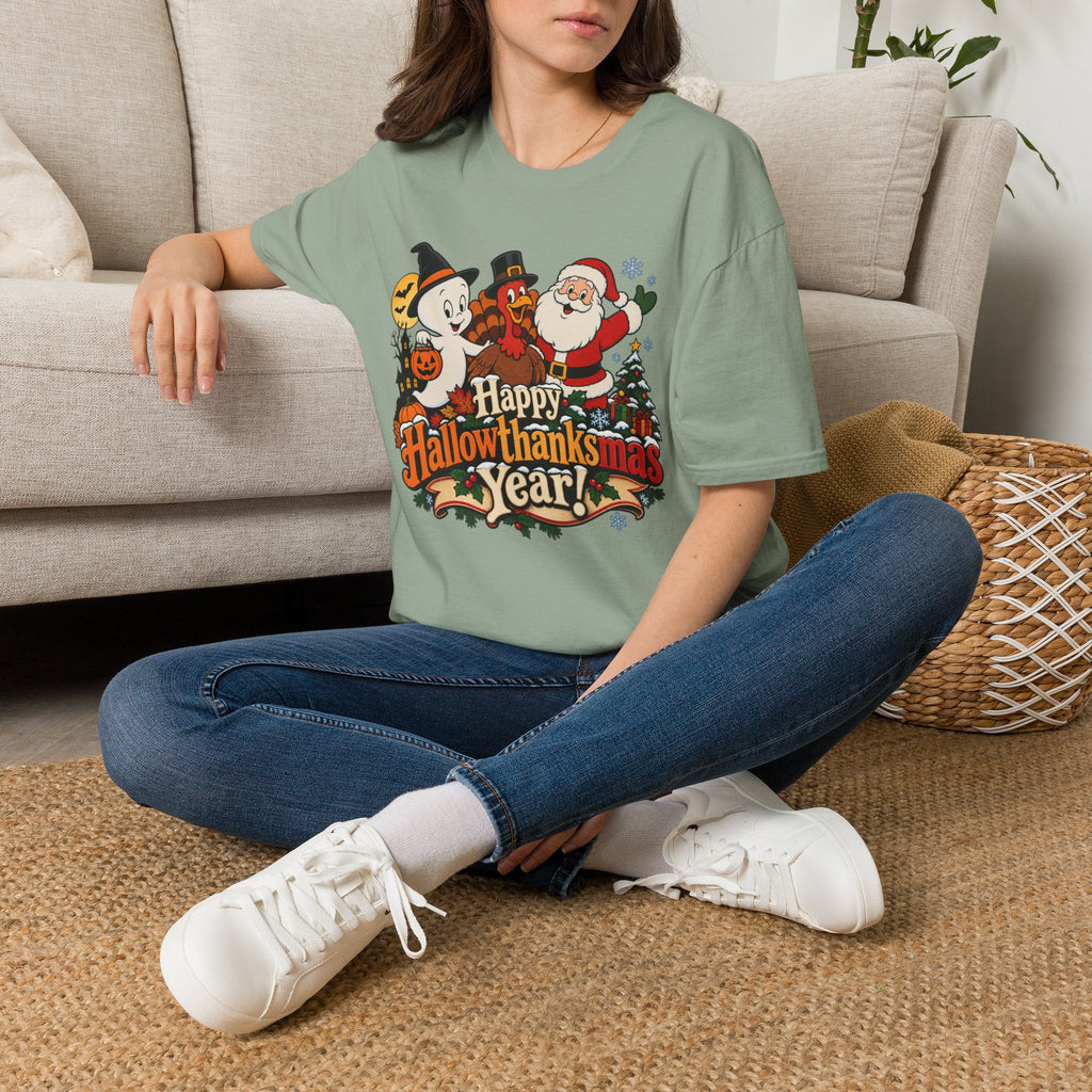 Halloween Thanksgiving Christmas Mashup Tee — "Happy HallowThanksMas This Year"