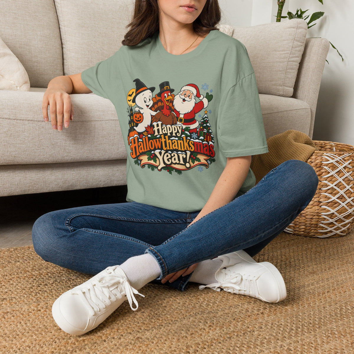 Halloween Thanksgiving Christmas Mashup Tee — "Happy HallowThanksMas This Year"