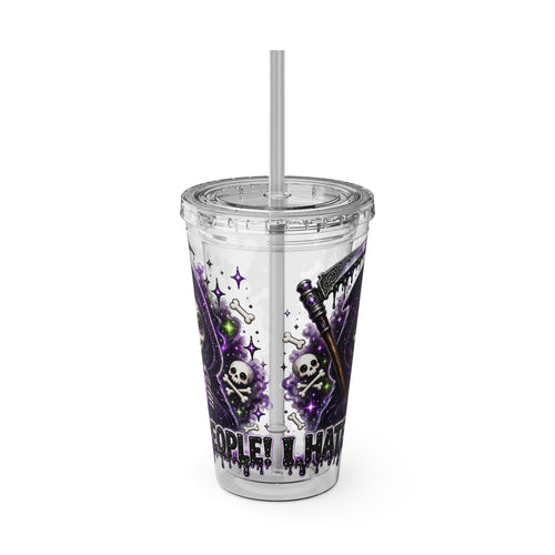 16oz Tumbler with Straw — Purple Grim Reaper “I Hate People” Graphic Cold Cup