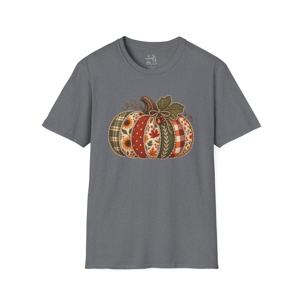 Fall Patchwork Pumpkin T-Shirt — Plaid & Floral Autumn Tee