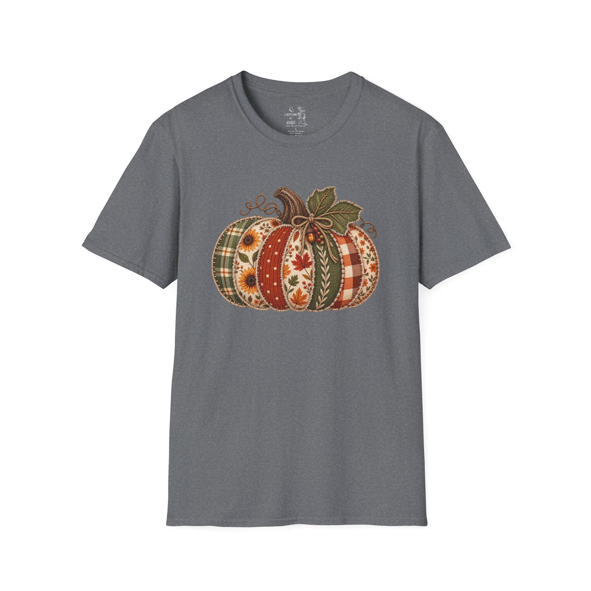 Fall Patchwork Pumpkin T-Shirt — Plaid & Floral Autumn Tee