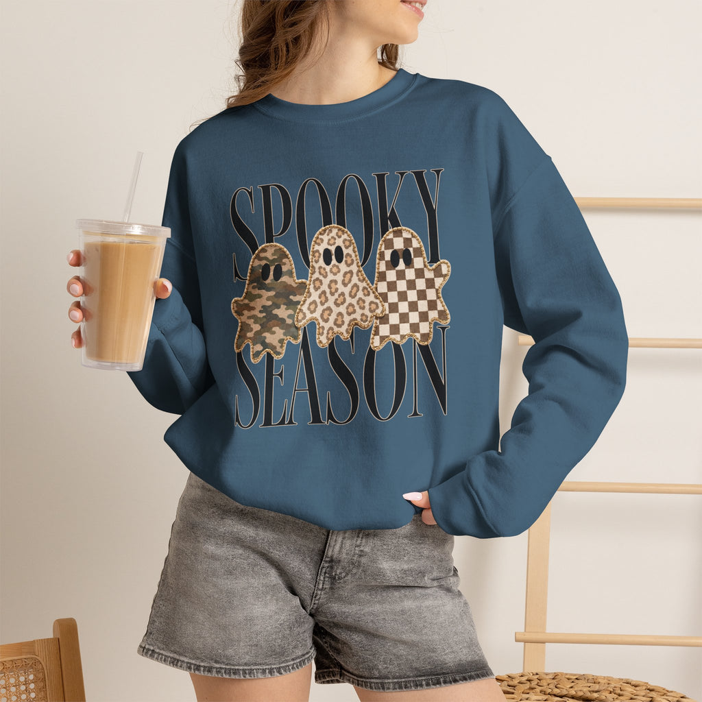 Spooky Season Ghosts Sweatshirt — Neutral Plaid & Camo Halloween Crewneck