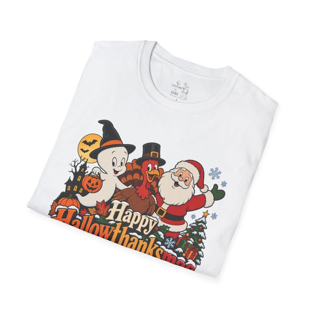 Halloween Thanksgiving Christmas Mashup Tee — "Happy HallowThanksMas This Year"