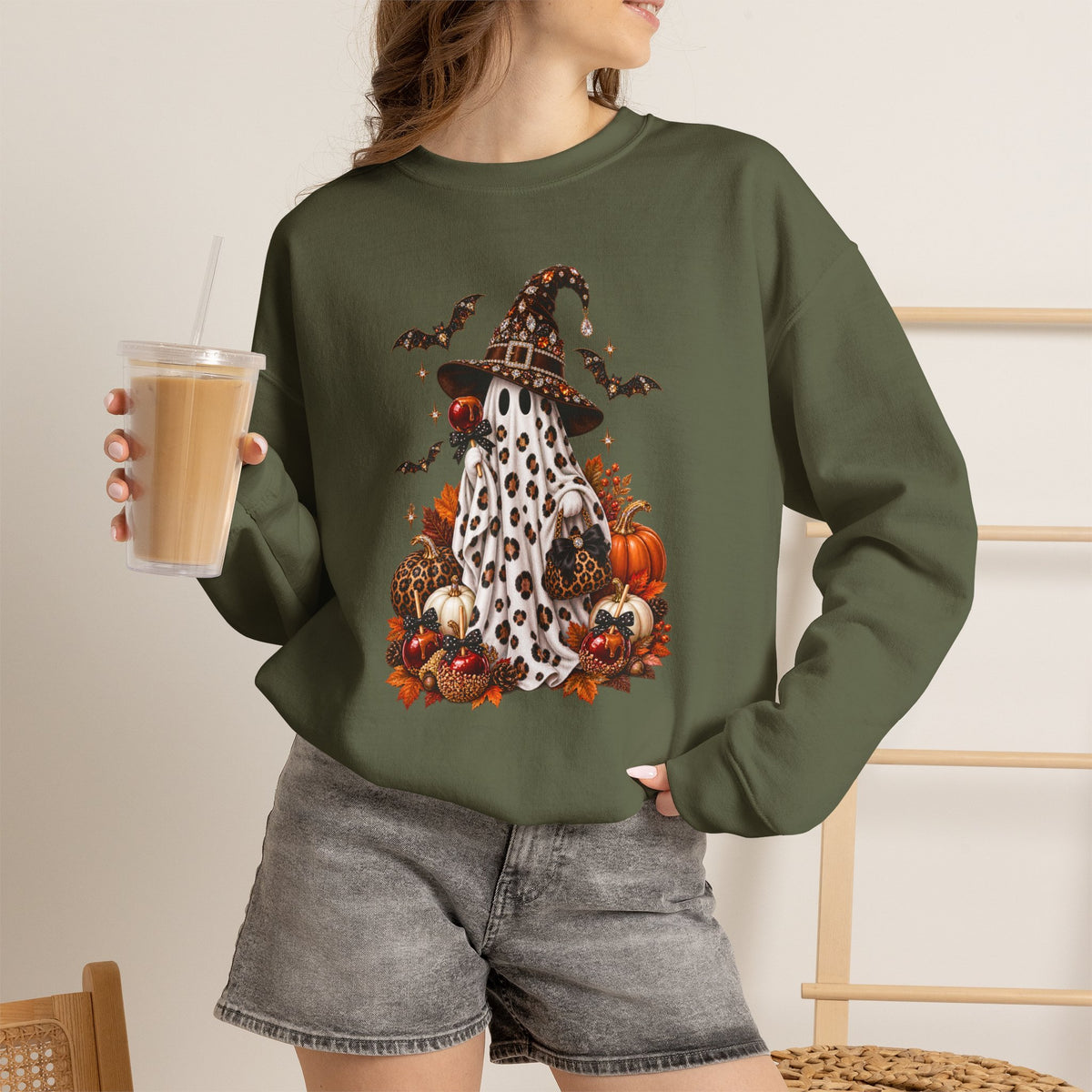 Halloween Ghost Sweatshirt – Spooky Gnome with Witch Hat, Pumpkins & Bats Crewneck