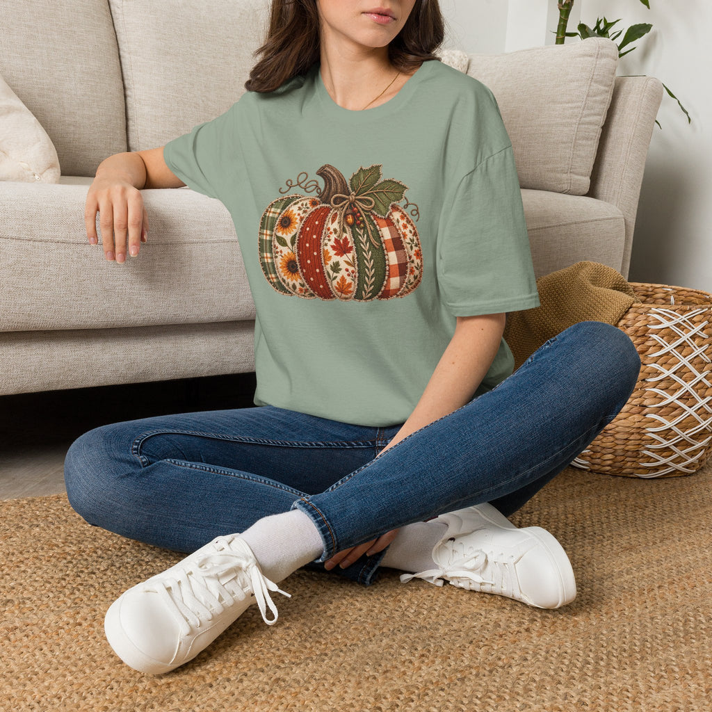 Fall Patchwork Pumpkin T-Shirt — Plaid & Floral Autumn Tee