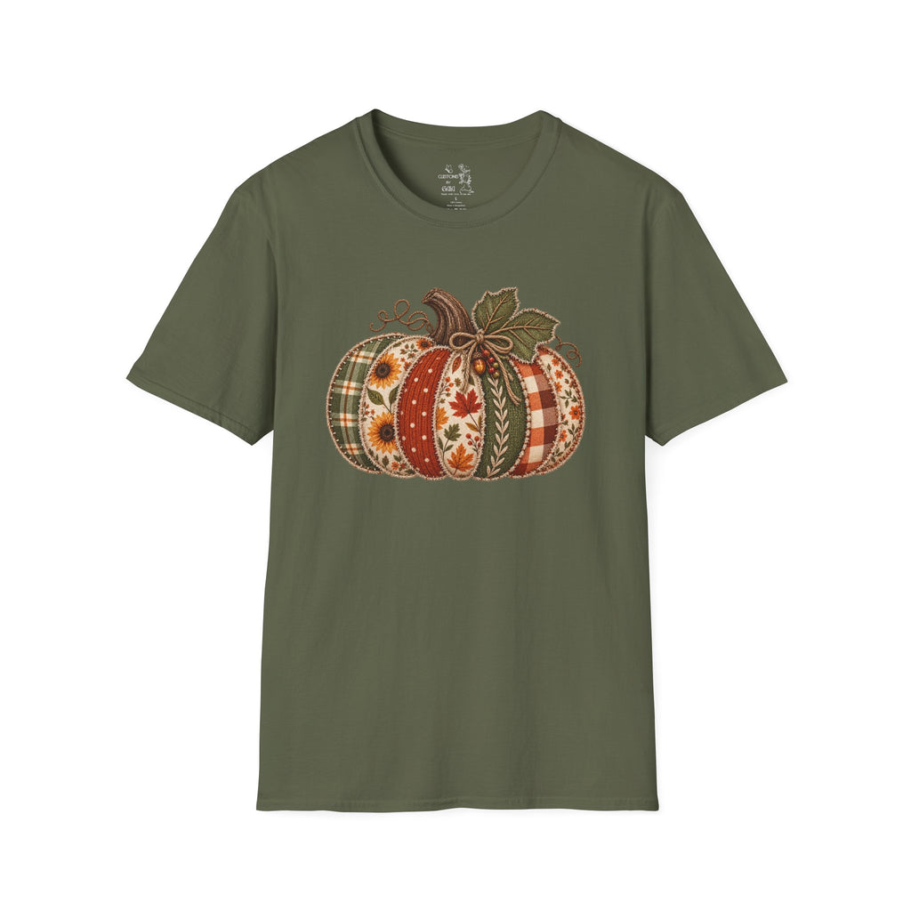 Fall Patchwork Pumpkin T-Shirt — Plaid & Floral Autumn Tee