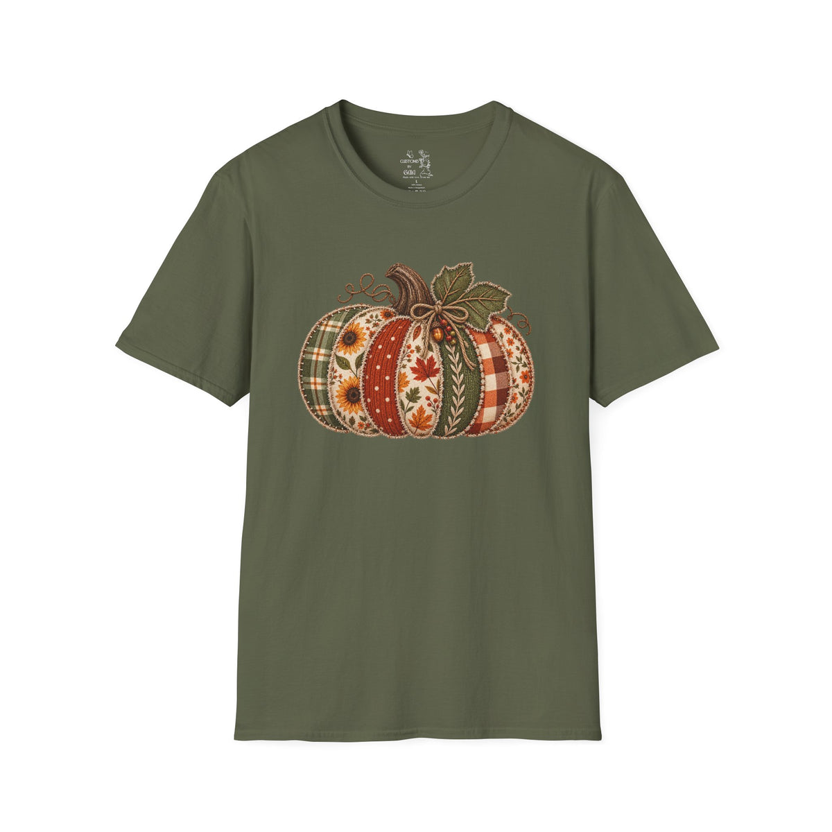 Fall Patchwork Pumpkin T-Shirt — Plaid & Floral Autumn Tee
