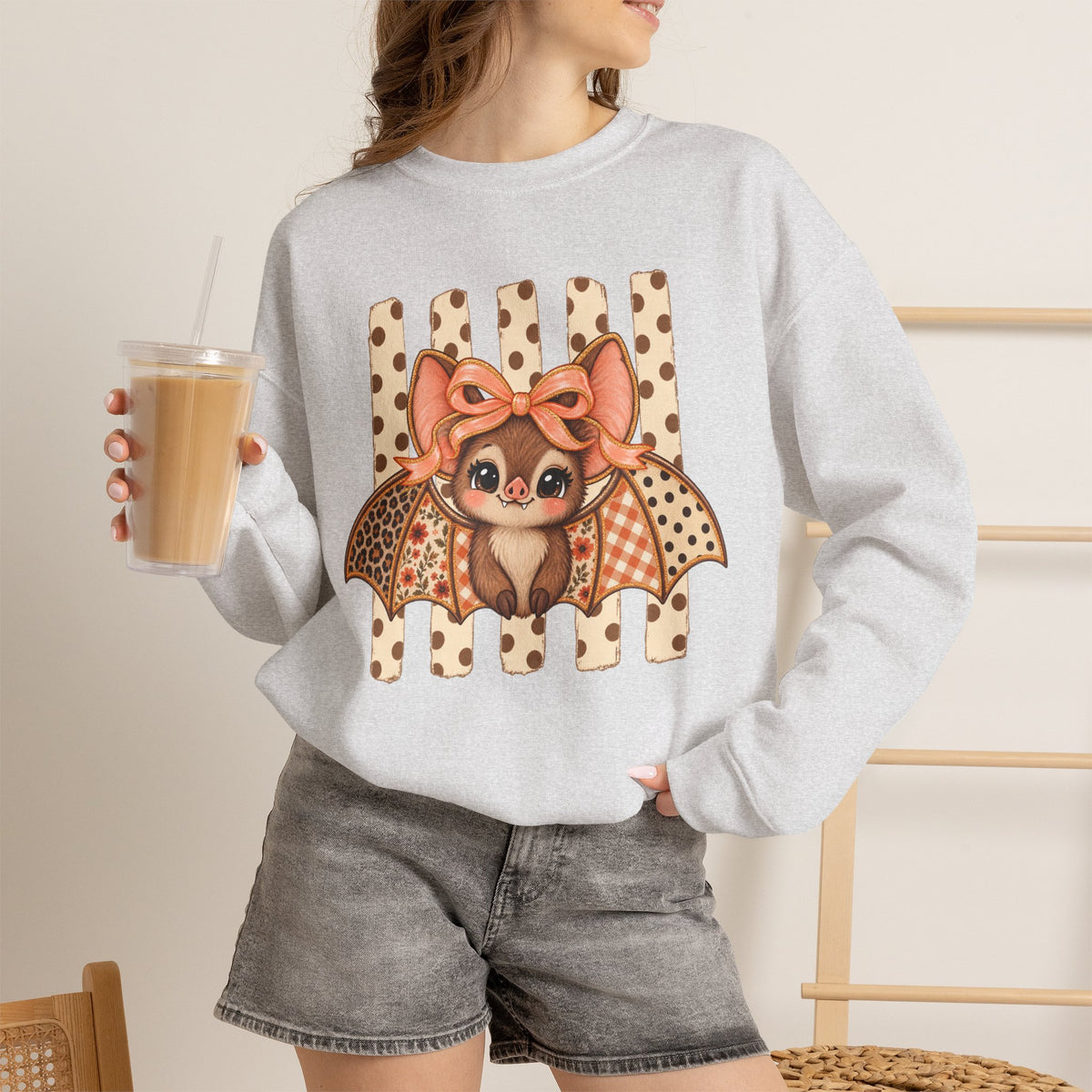 Cute Bat Crewneck Sweatshirt — Kawaii Bat with Bow Graphic