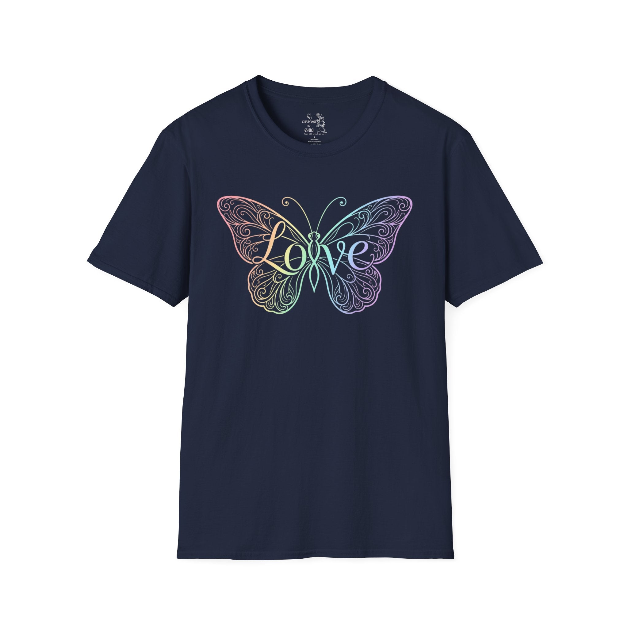 Butterfly "Love" T-Shirt — Pastel Rainbow Filigree Design