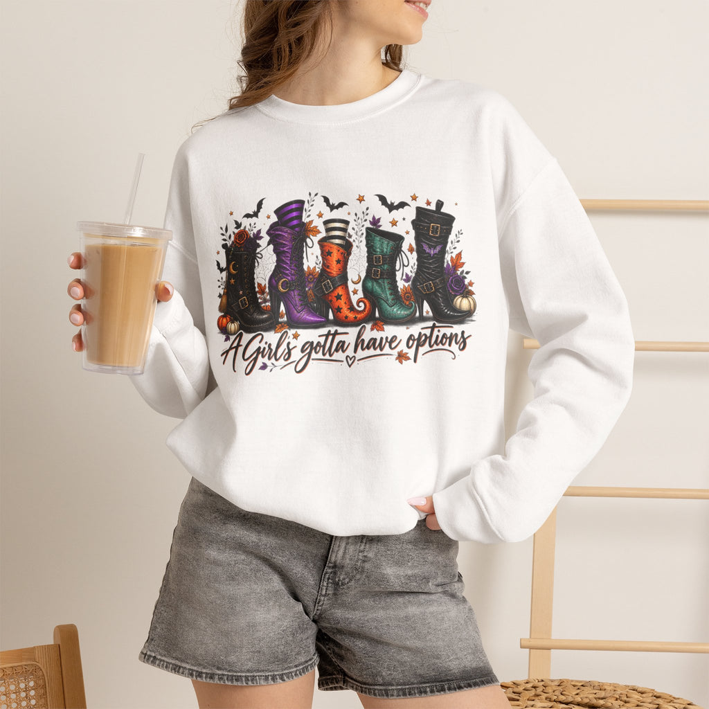 Witch Boots Crewneck Sweatshirt — "A Girl's Gotta Have Options" Halloween Pullover