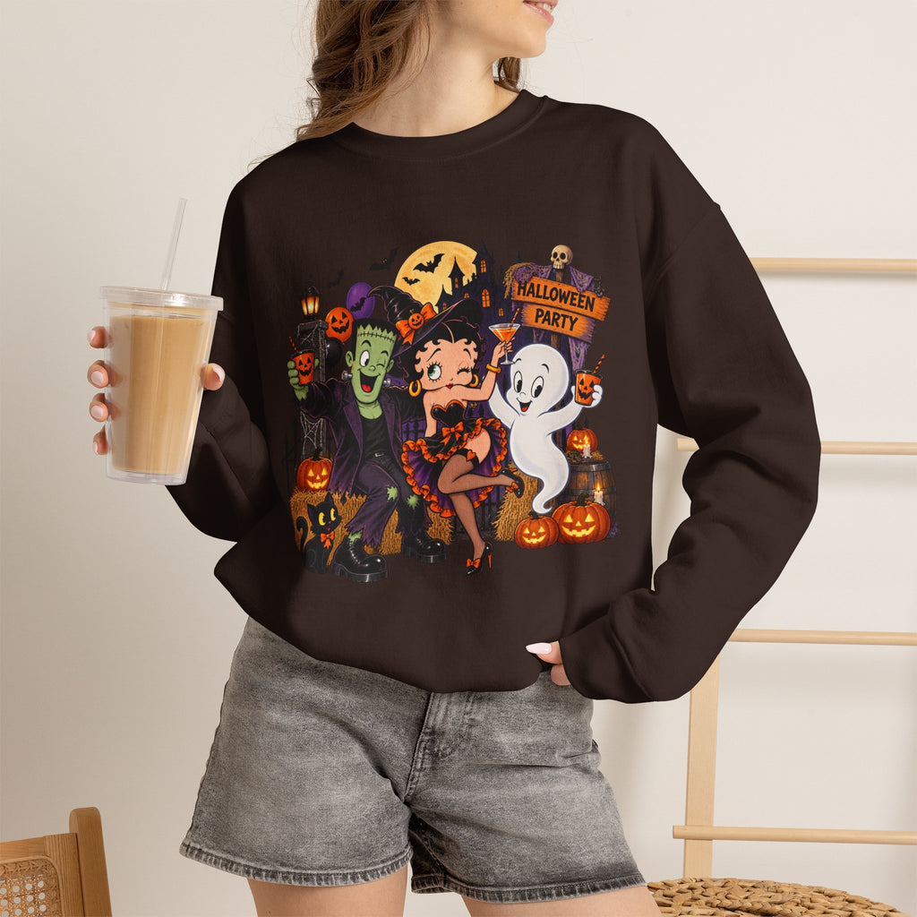 Halloween Betty Boop Crewneck Sweatshirt — Retro Spooky Cartoon Graphic