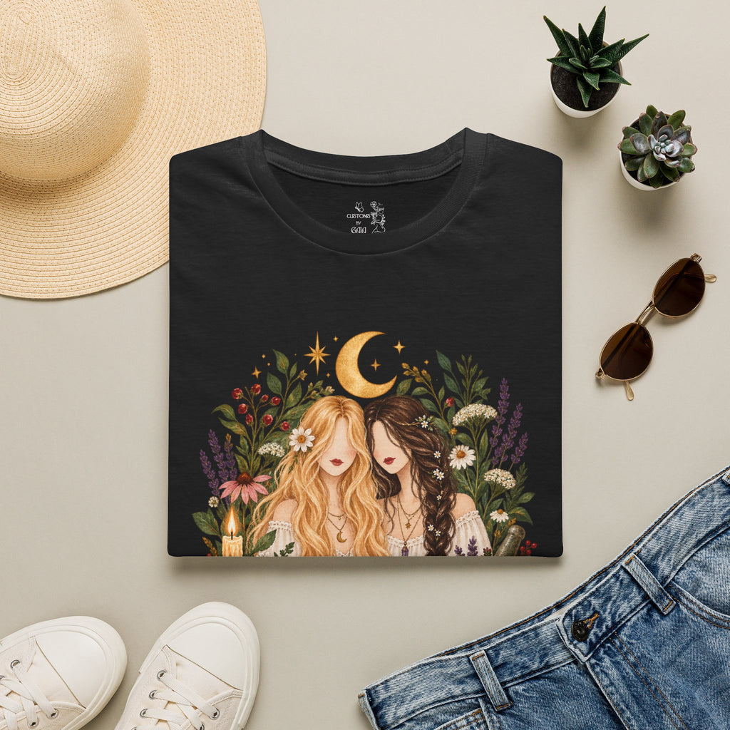 Witchy Sisters T-Shirt – 'Practical Magic' Boho Moon Witch Illustration