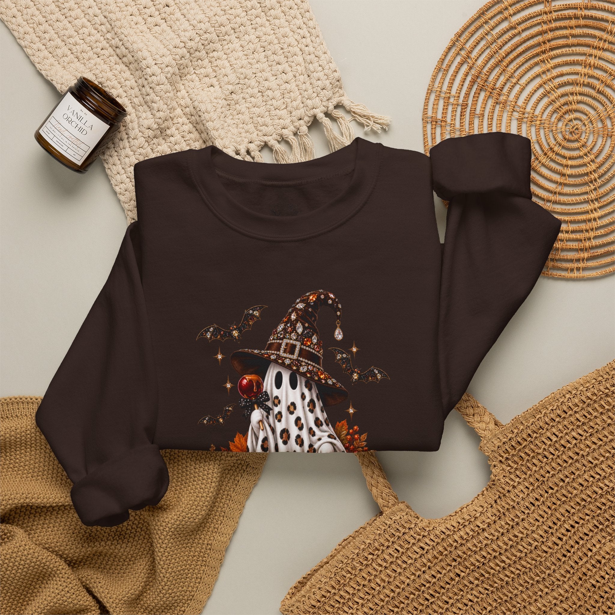Halloween Ghost Sweatshirt – Spooky Gnome with Witch Hat, Pumpkins & Bats Crewneck