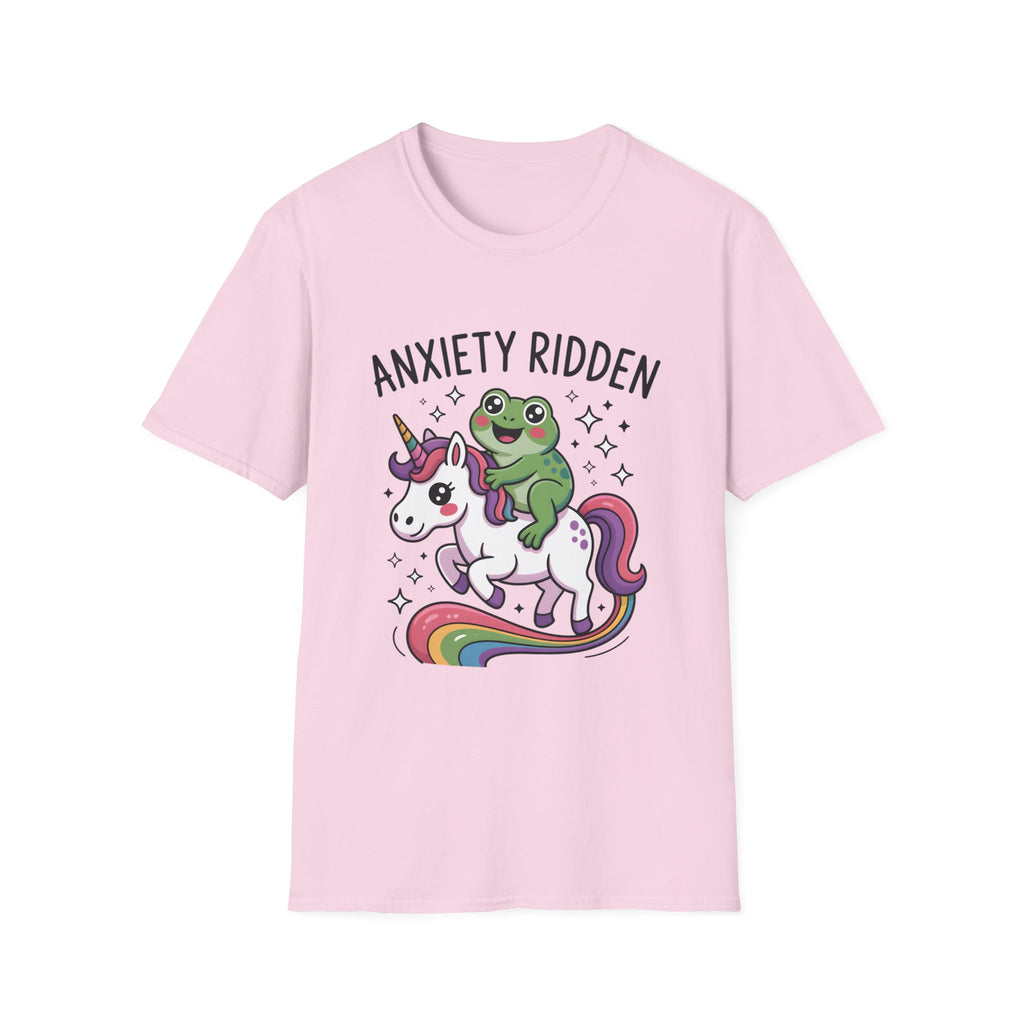Anxiety Ridden Frog on Unicorn T-Shirt — Cute Mental Health Awareness Graphic Tee