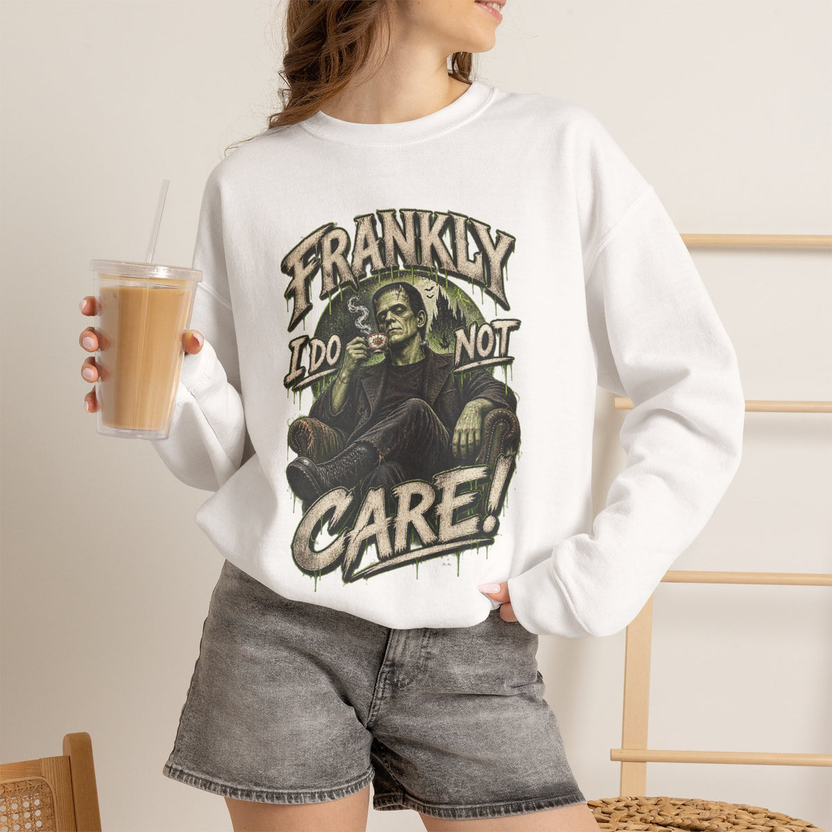 Sweatshirt — "Frankly I Do Not Care" Retro Gothic Skeleton Graphic Crewneck