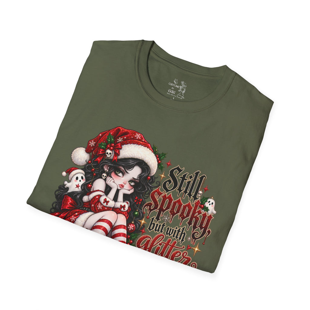 Christmas Goth T‑Shirt – "Still Spooky But With Glitter" Elf Girl Holiday Tee