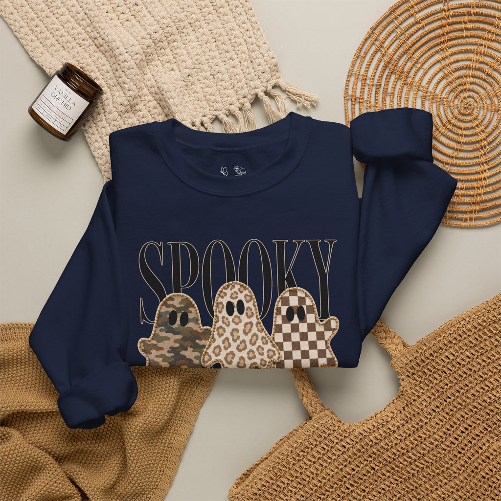 Spooky Season Ghosts Sweatshirt — Neutral Plaid & Camo Halloween Crewneck