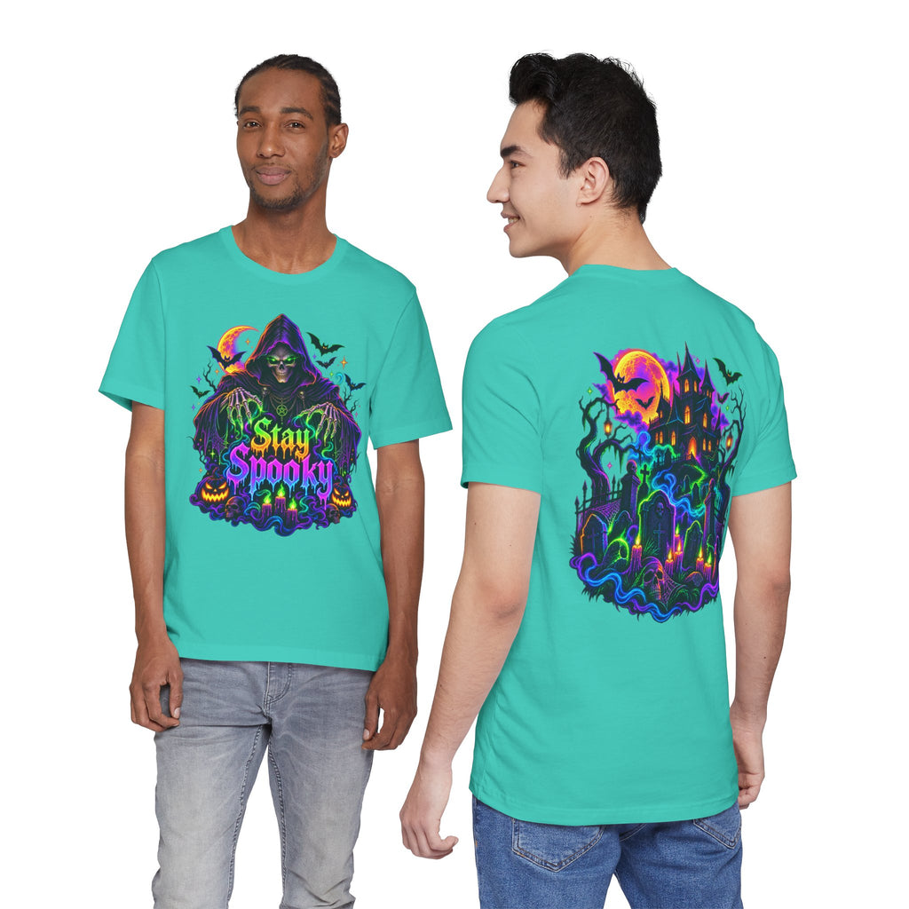 Stay Spooky Halloween Tee — Neon Grim Reaper & Haunted Castle Graphic T-Shirt