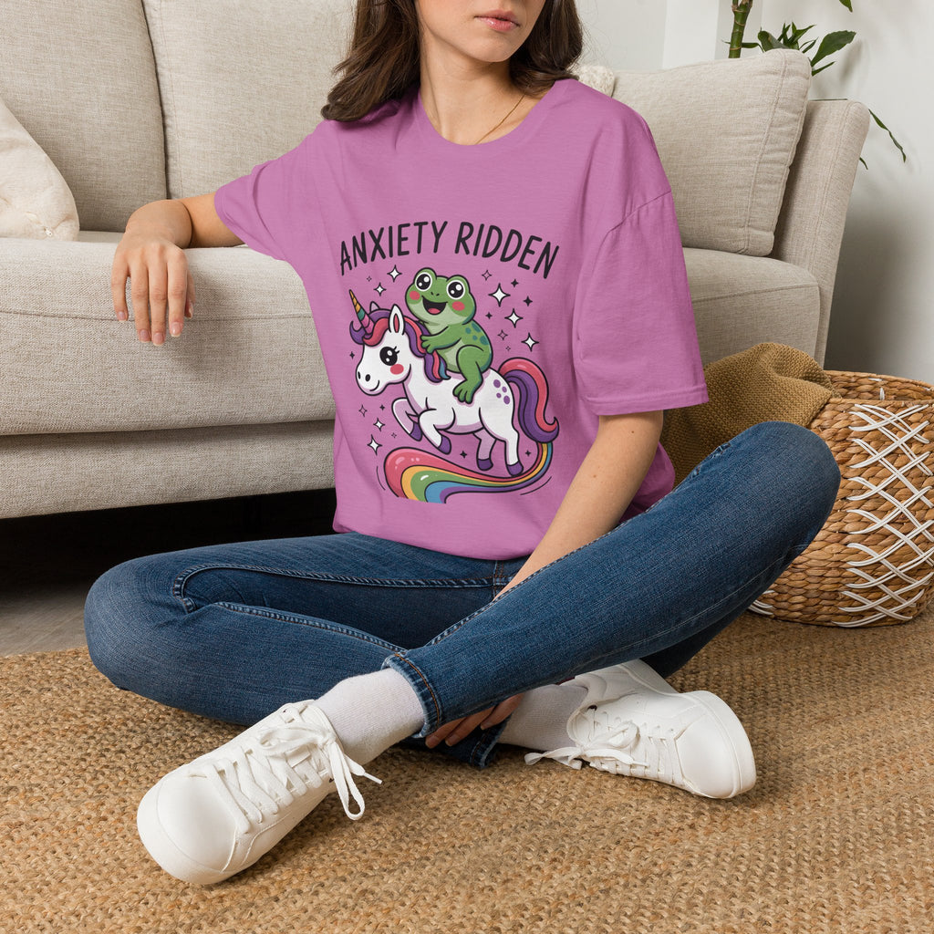 Anxiety Ridden Frog on Unicorn T-Shirt — Cute Mental Health Awareness Graphic Tee
