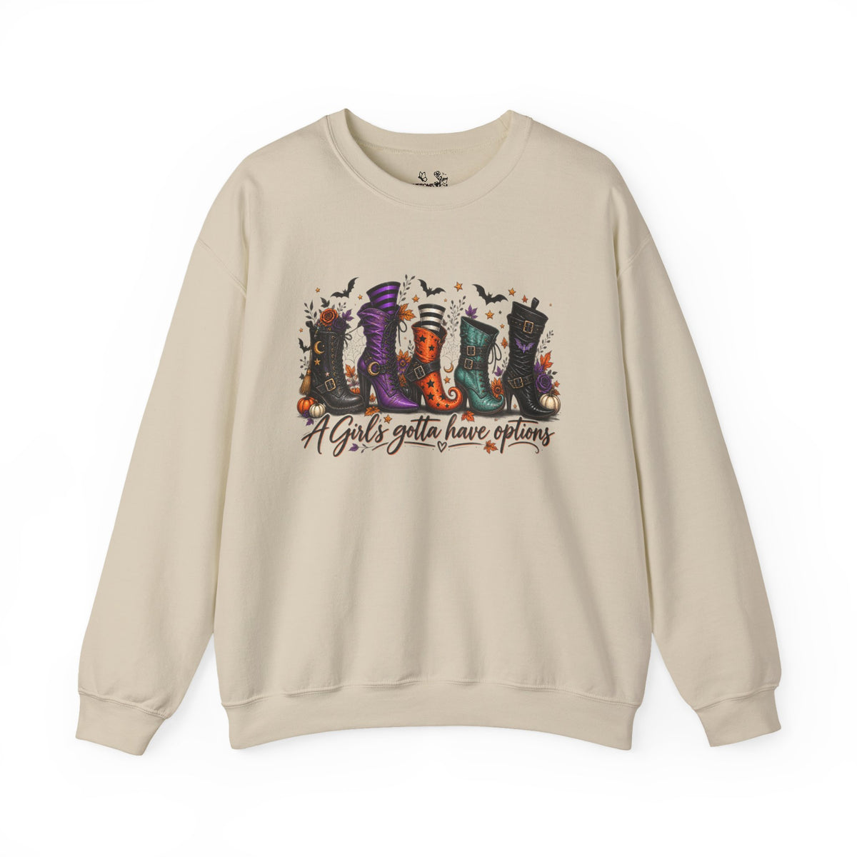 Witch Boots Crewneck Sweatshirt — "A Girl's Gotta Have Options" Halloween Pullover