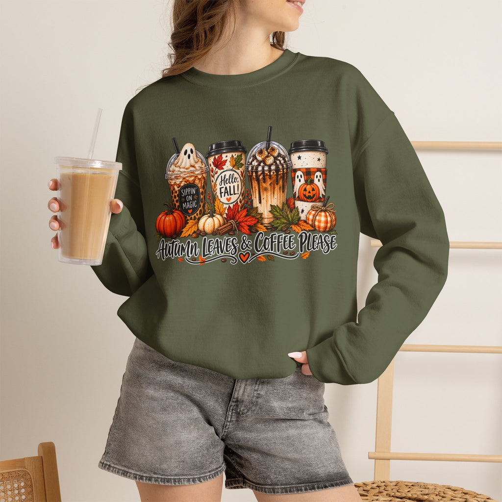 Autumn Leaves & Coffee Please Sweatshirt — Cozy Fall Coffee Crewneck