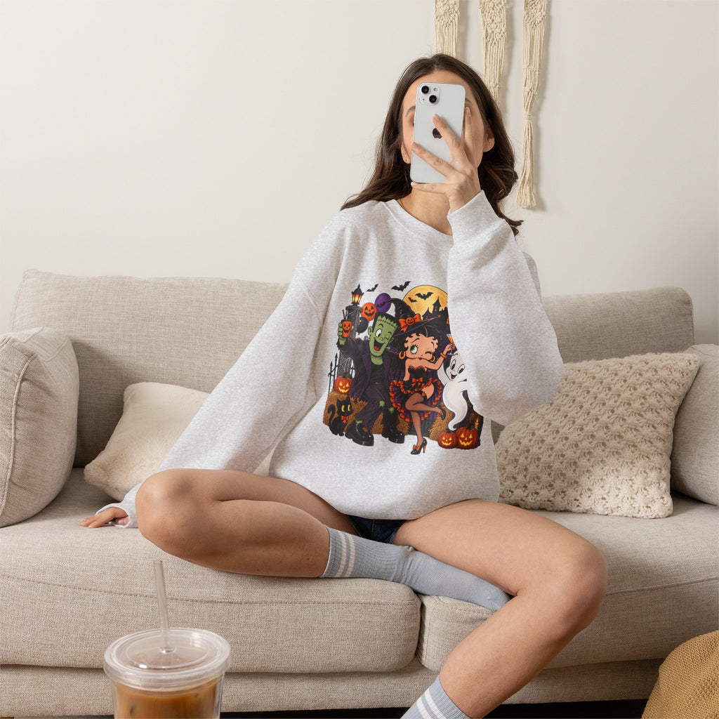 Halloween Betty Boop Crewneck Sweatshirt — Retro Spooky Cartoon Graphic