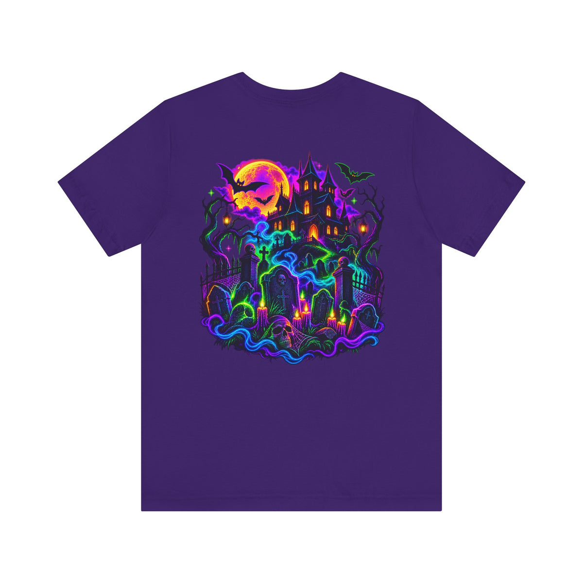 Stay Spooky Halloween Tee — Neon Grim Reaper & Haunted Castle Graphic T-Shirt