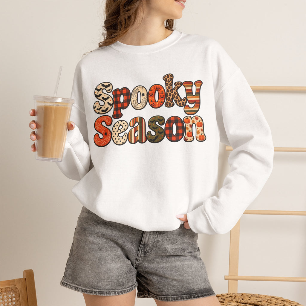 Spooky Season Sweatshirt — Retro Patterned Halloween Crewneck