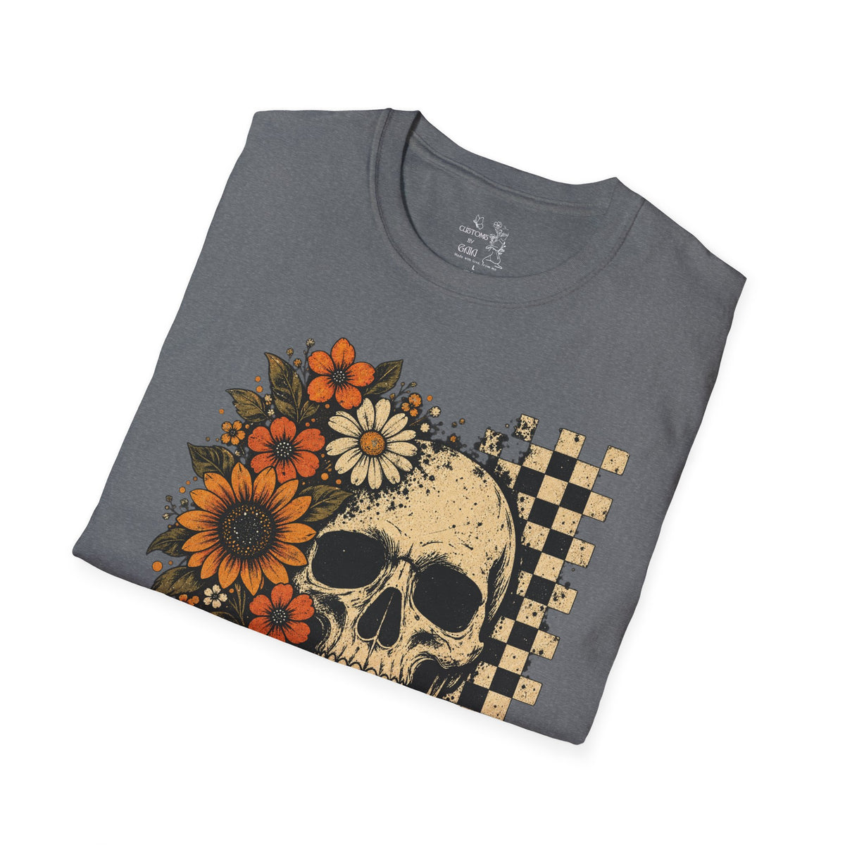 Floral Skull T-Shirt – Gothic Sunflower Checkerboard Design