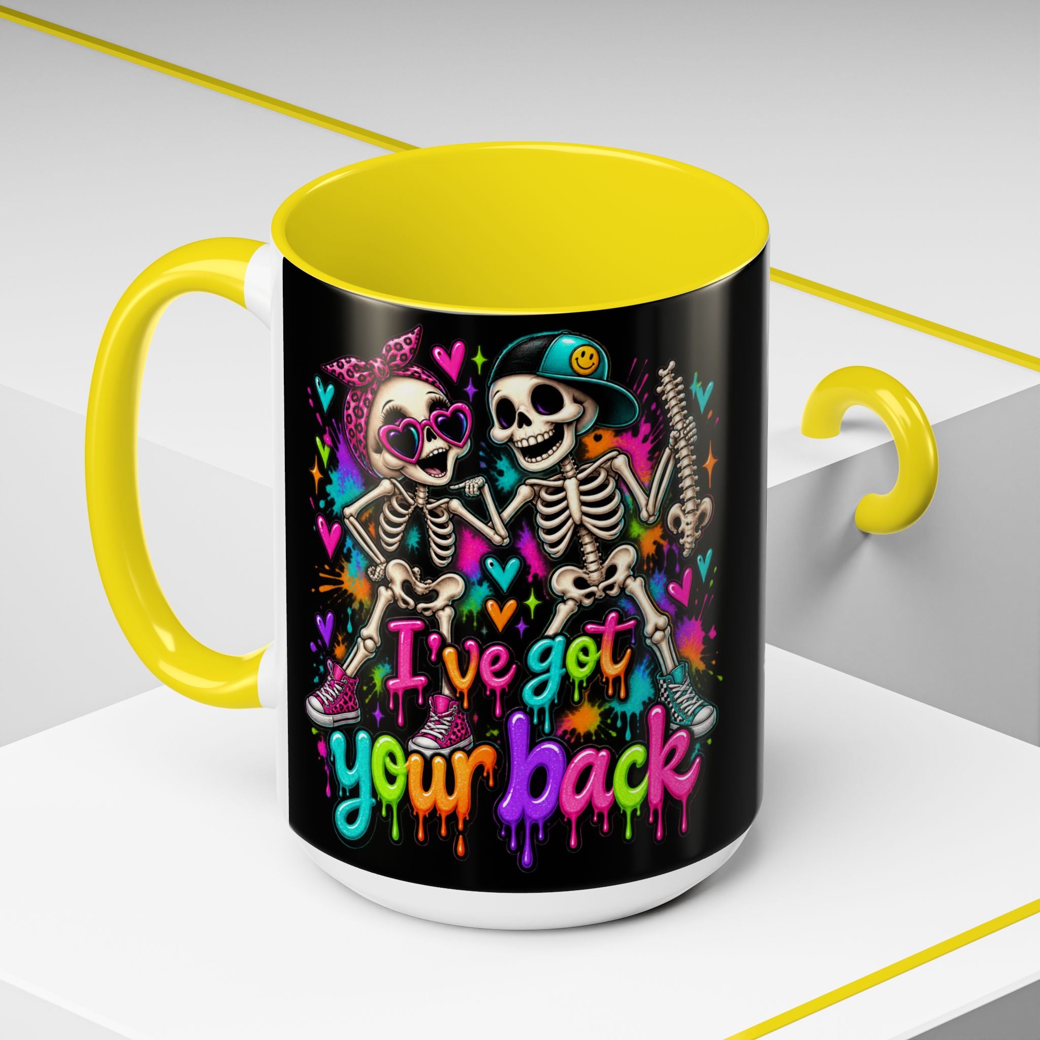 "I’ve Got Your Back" Skeleton Coffee Mug — Colorful Gothic Accent 11/15oz