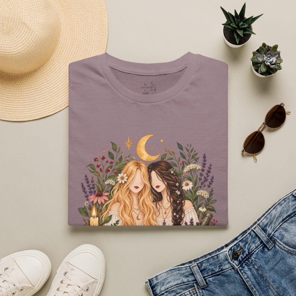Witchy Sisters T-Shirt – 'Practical Magic' Boho Moon Witch Illustration