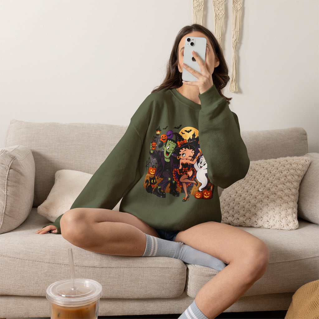 Halloween Betty Boop Crewneck Sweatshirt — Retro Spooky Cartoon Graphic