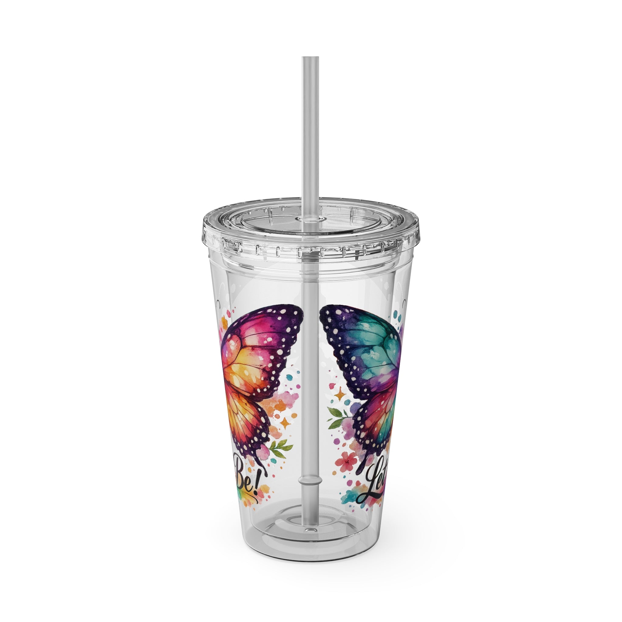 Butterfly 'Let It Be' 16oz Tumbler with Straw — Colorful Floral Summer Drink Cup