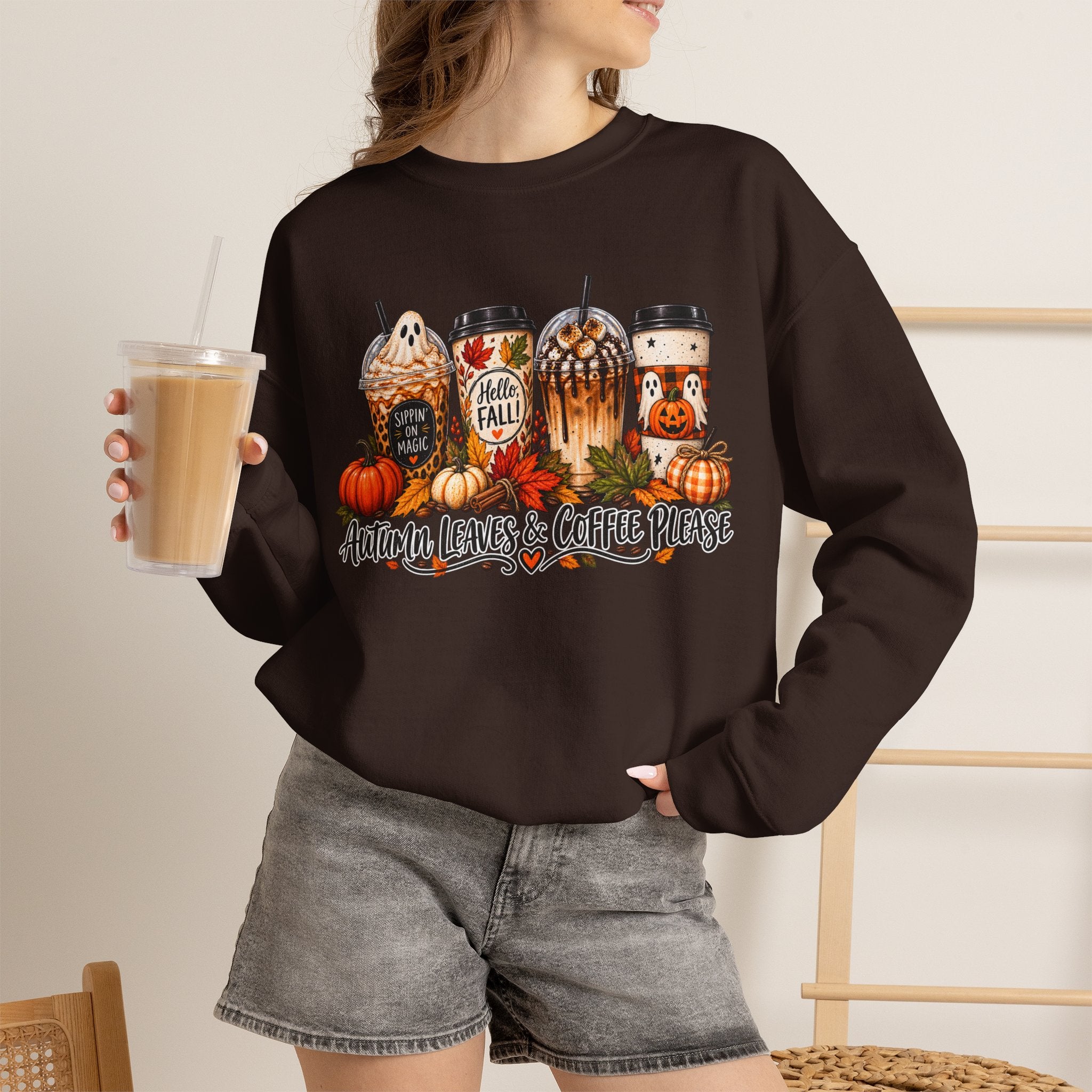Autumn Leaves & Coffee Please Sweatshirt — Cozy Fall Coffee Crewneck