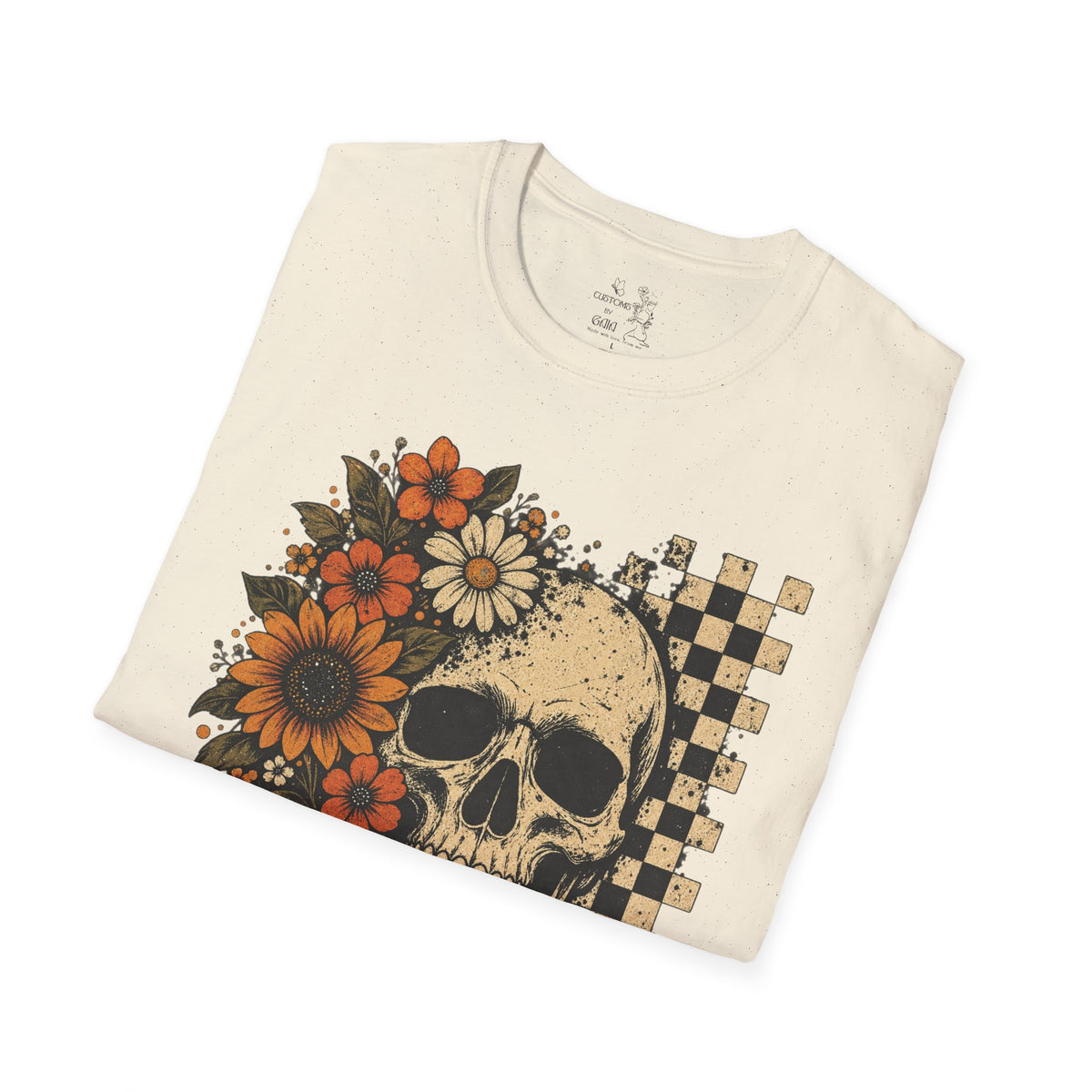 Floral Skull T-Shirt – Gothic Sunflower Checkerboard Design