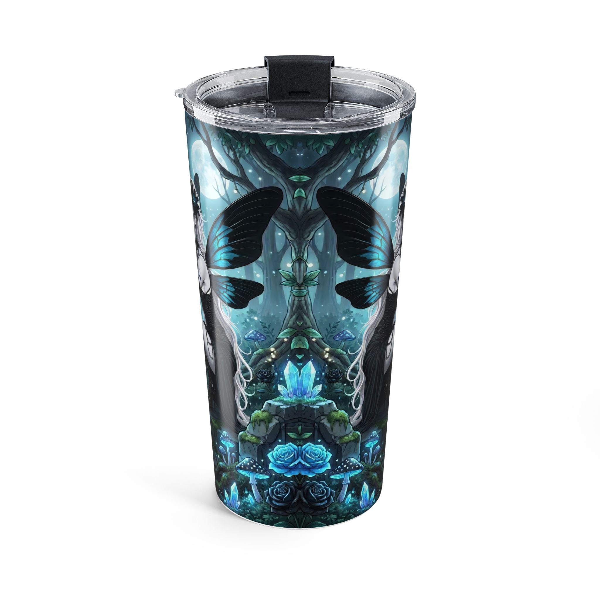 20oz Blue Fantasy Woodland Tumbler — Mystic Tree, Roses & Butterflies Travel Cup