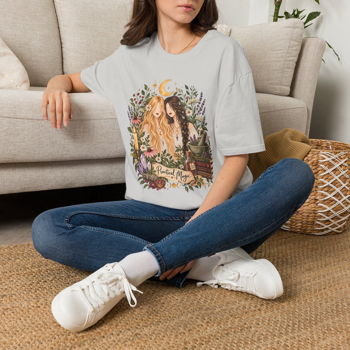 Witchy Sisters T-Shirt – 'Practical Magic' Boho Moon Witch Illustration