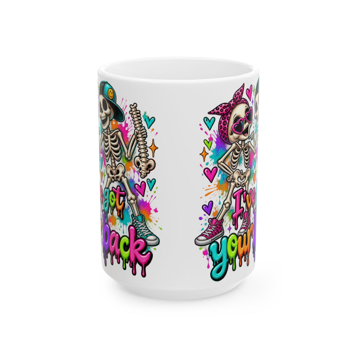 Skeleton Rocker Ceramic Mug — Colorful 'I've Got Your Back' Coffee Cup (11oz & 15oz)