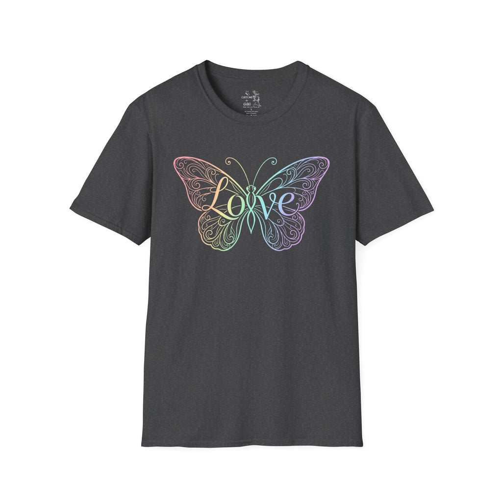 Butterfly "Love" T-Shirt — Pastel Rainbow Filigree Design