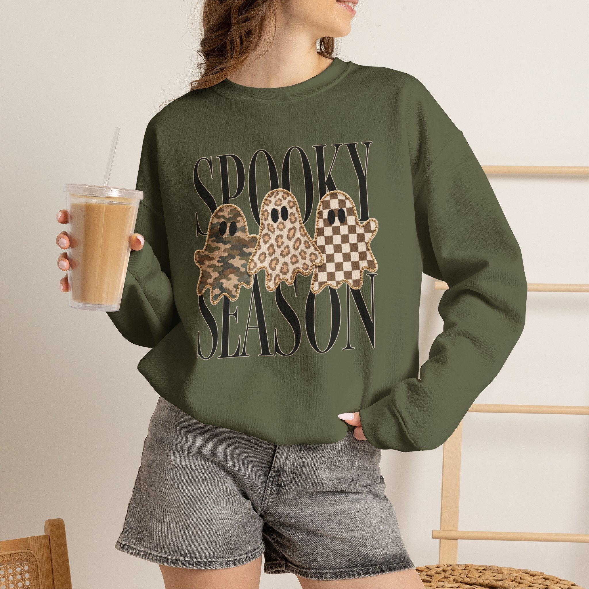 Spooky Season Ghosts Sweatshirt — Neutral Plaid & Camo Halloween Crewneck