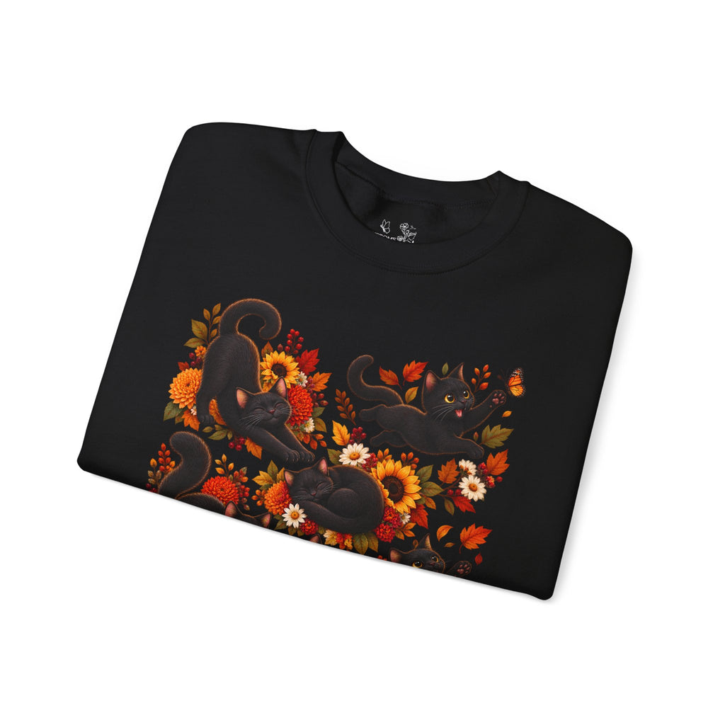 Autumn Black Cats Crewneck Sweatshirt — Fall Floral Halloween Cat Design