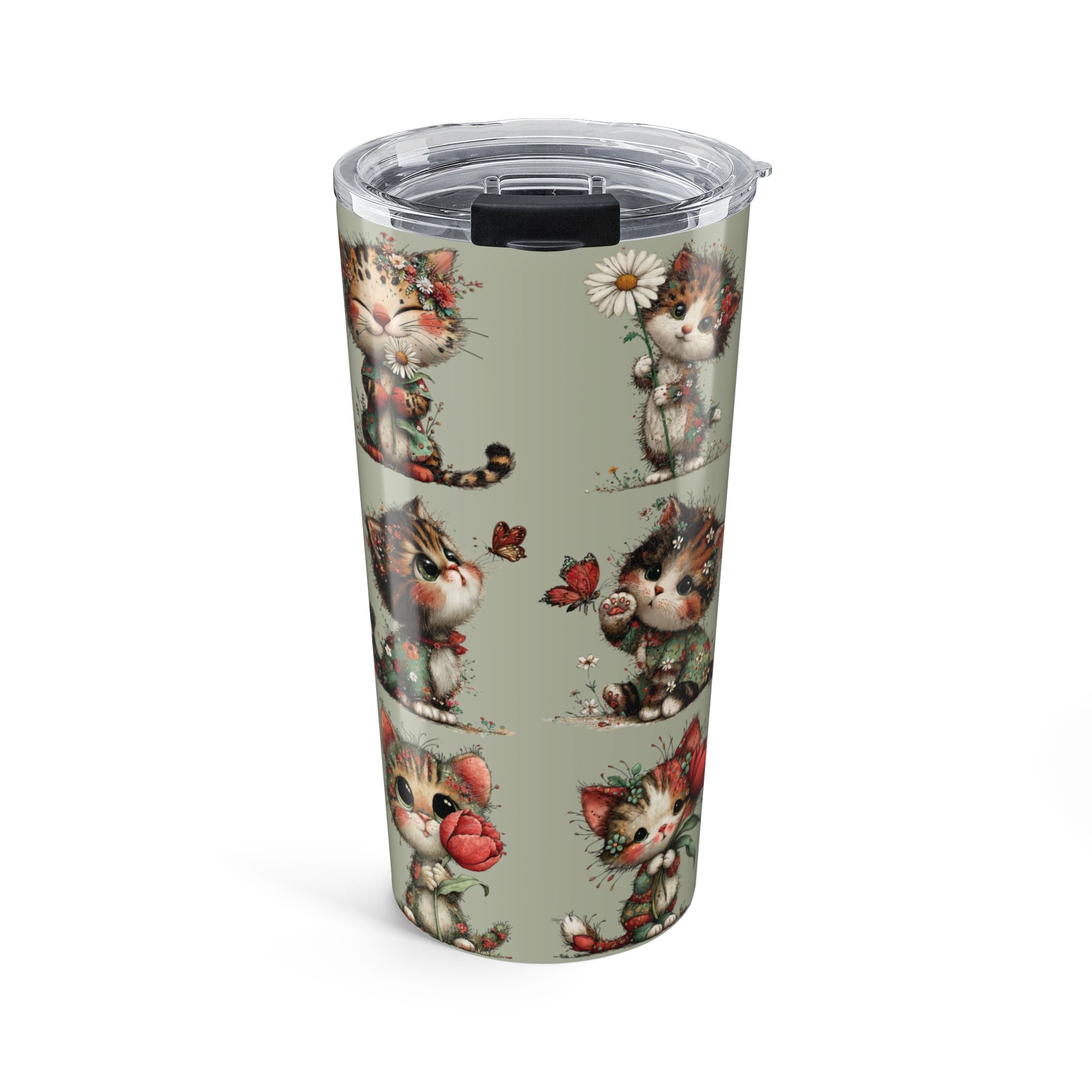 20oz Whimsical Cat Floral Tumbler — Cute Vintage Kittens Travel Cup